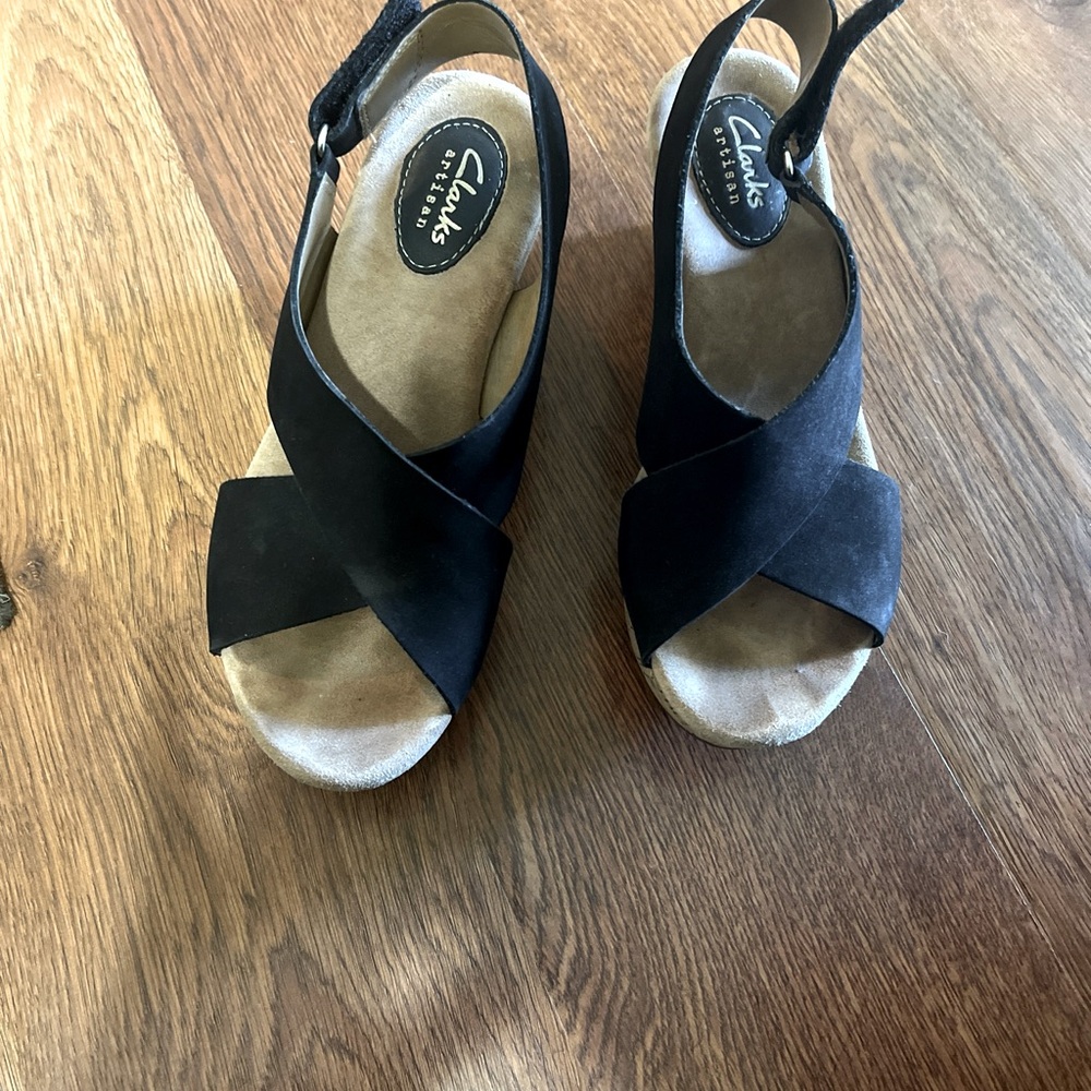 CLARKS ARTISAN Ladies Black Slingback Wedge Sandals, SIZE: 7M Good Used Condtion